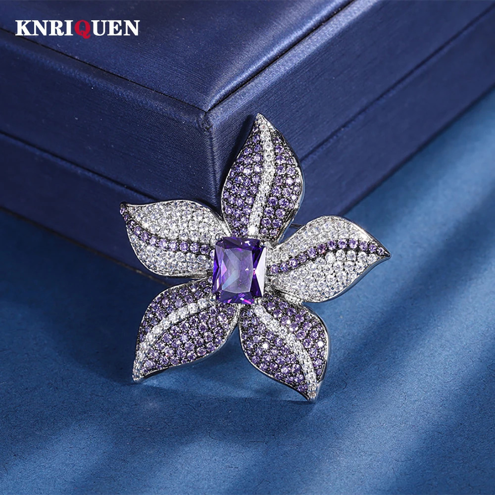Trend 8*10mm Amethyst Brooches for Women Vintage Gemstone High Carbon Diamond Wedding Jewelry Accessories Female Gift 250712