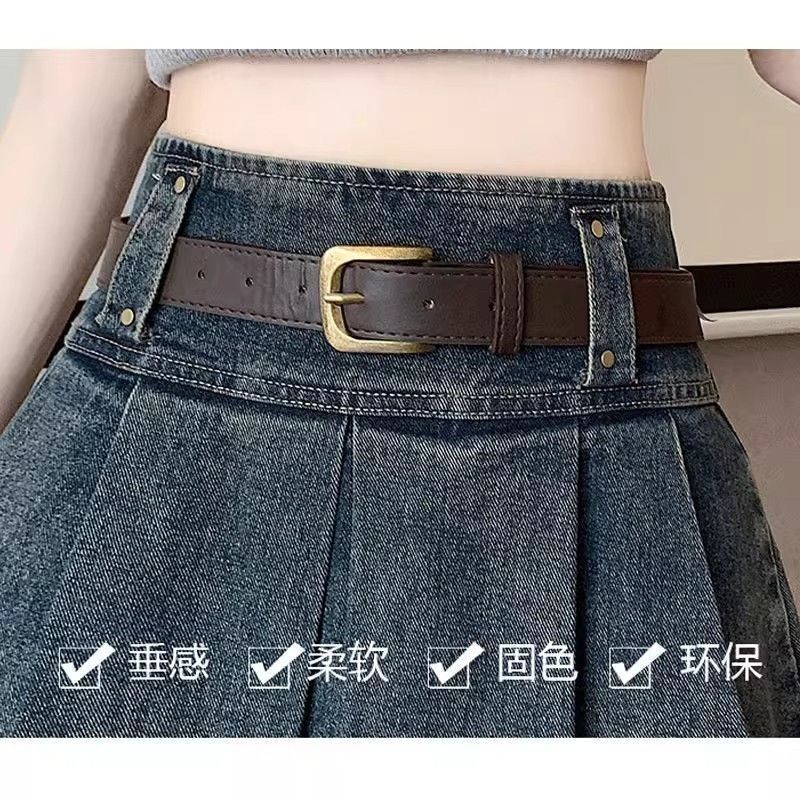2025 Summer New Denim Midi Skirt for Women High Waist Versatile Slimming A-Line Pleated with Design Sense Short