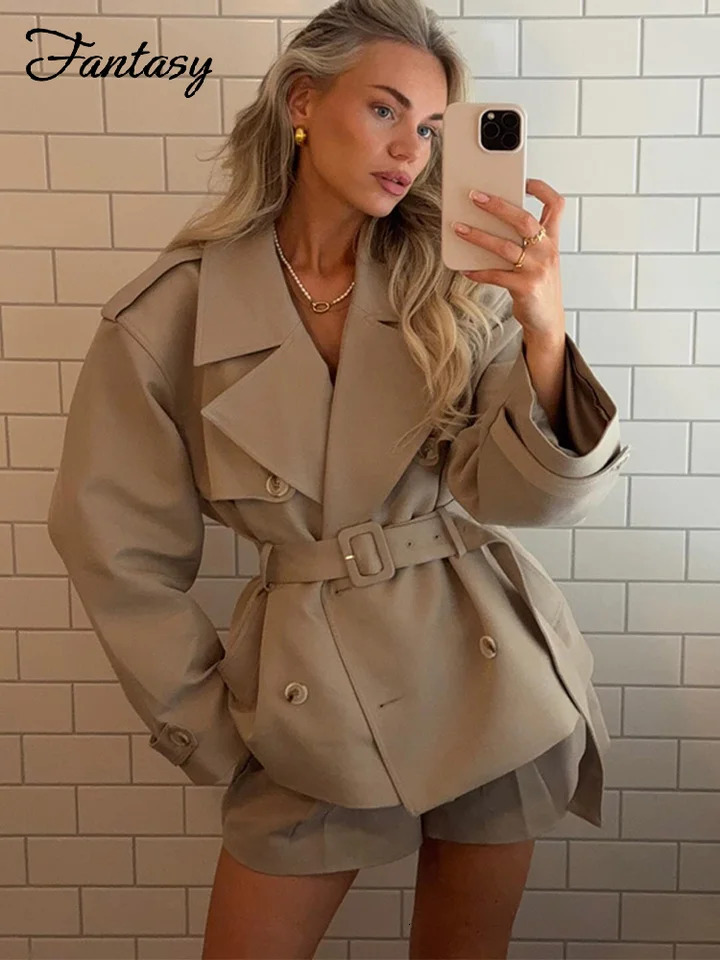 Fashion Trench Coat Shorts Set Women Belt Lapel Double-breasted Long Sleeve Jacket Pleated Shorts 2025 Chic Streetwear Lady Suit 250716