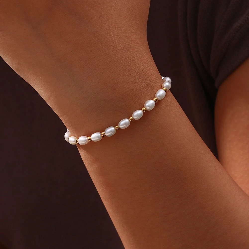 100% Real Natural Oval Shape Freshwater Pearl Beaded Bracelet For Women High Quality 18K Gold Plated Waterproof Bracelet Jewelry 250712