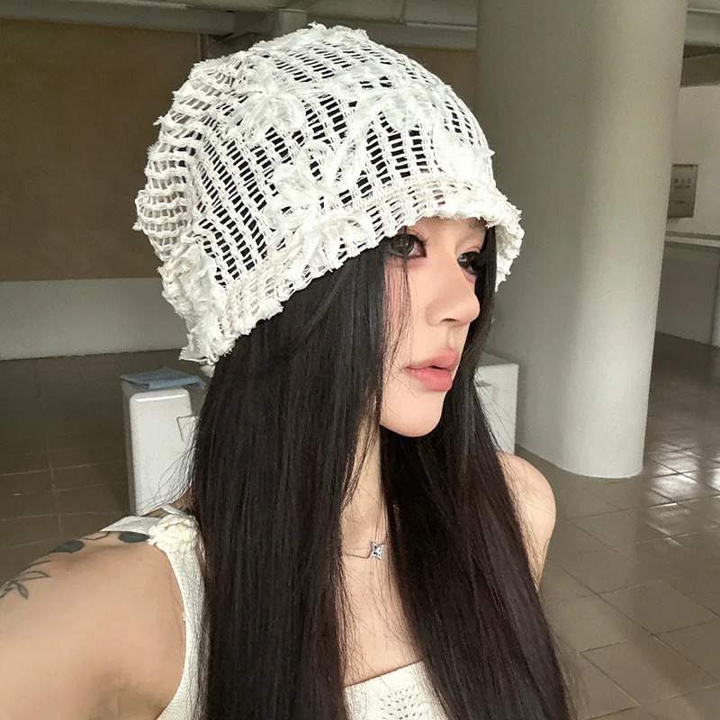 Spring Summer Korean Crochet Pullover Hat Outdoor Travel Fashionable Versatile Sweet Hollow Breathable Beanies Cap 250715