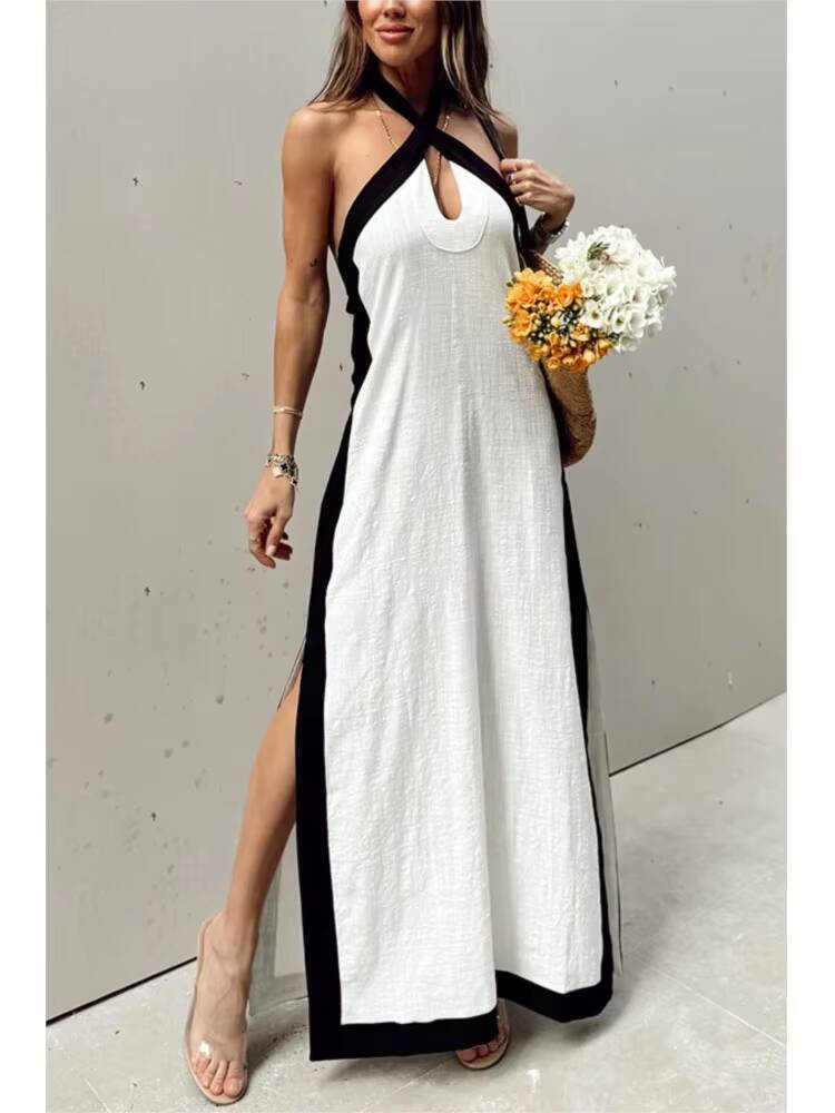 Boho Summer Sexy Womens Dress New Style Cotton Linen Backless Halterneck Slit Vintage Prom Dresses For Women Maxi Robe Femme dongdumaoyi