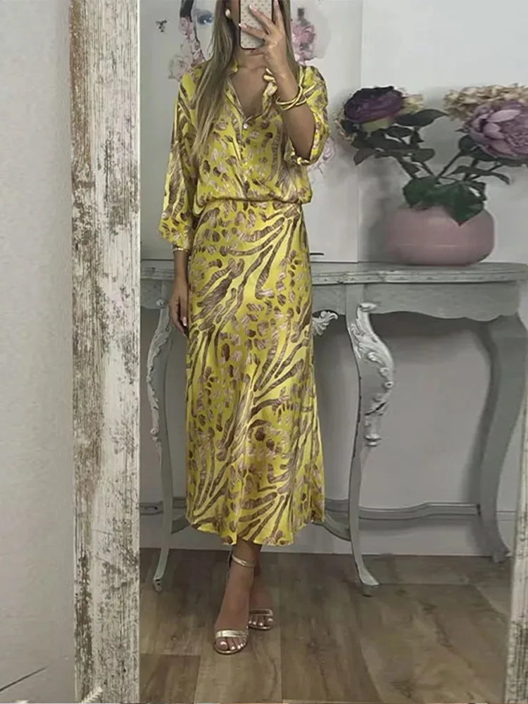 Party Dresses Printed Womens Skirt Set V-neck Three Quarter Sleeve Shirts High Waist Skirts Female 2 Pieces Evening Outfits 250715