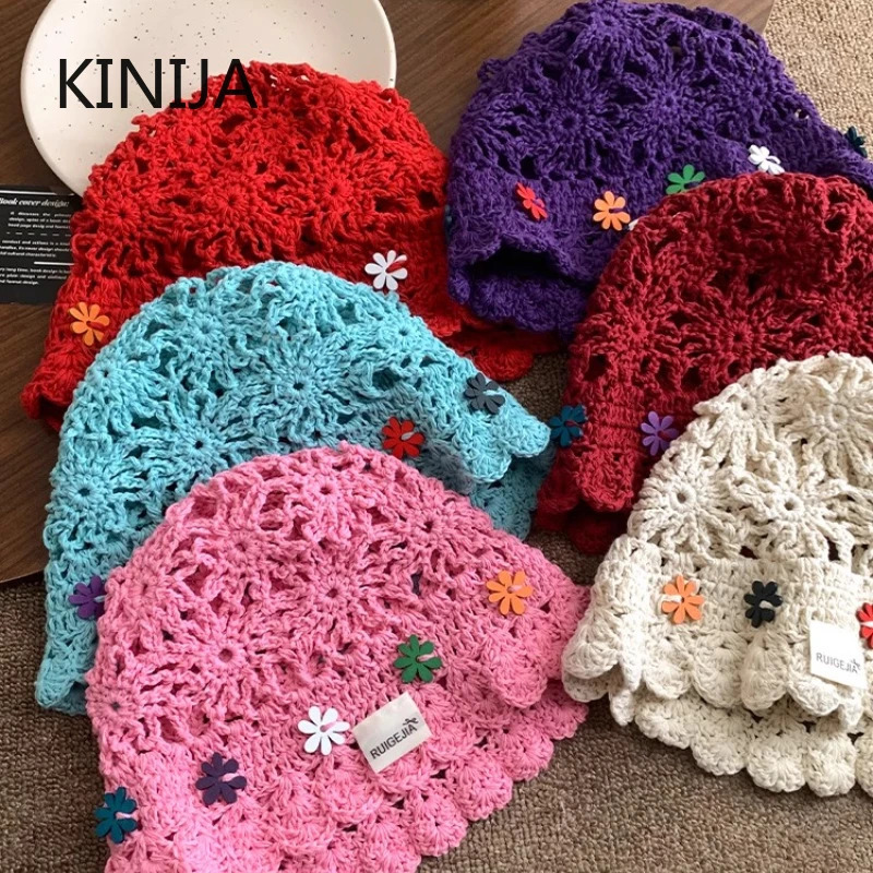 Korean Handmake Bucket Hat Flower Decoration Knitted Hollow Basin Hat Womens Summer Thin Breathable Sunshade Sun Cap Gorras 250715