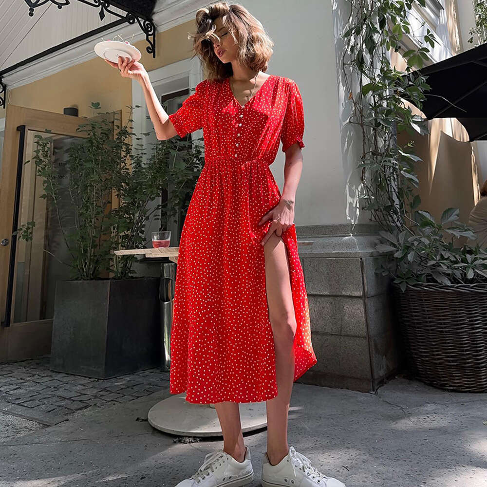 Polka Dot Summer V-Neck Waist-Cinching Slit Mid-Length Red Short-Sleeve Dress For Women B5