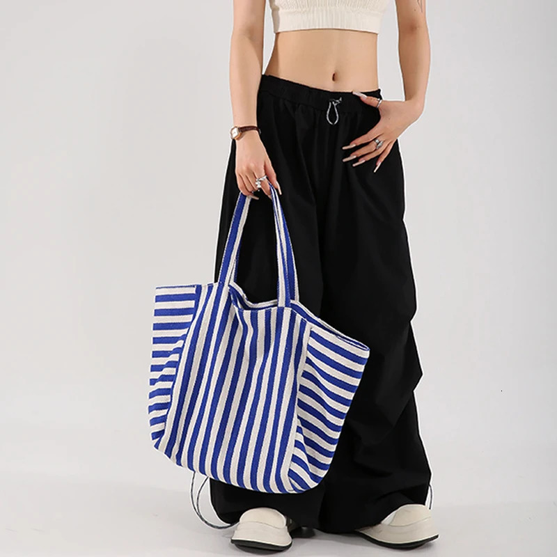 Simple Striped Shoulder Bag Large Capacity Canvas Women Shopper Tote Female Casual Multifunctional Travel Top-handle Handba 250714