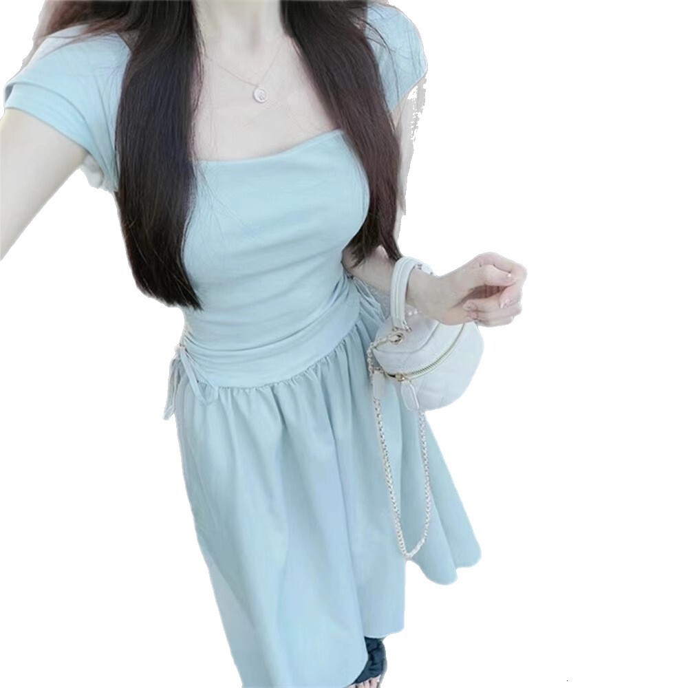 2025 Tea Break French Square Neck Dress for Women Summer New First Love Pure Sweet Long Waist-Cinching Petite