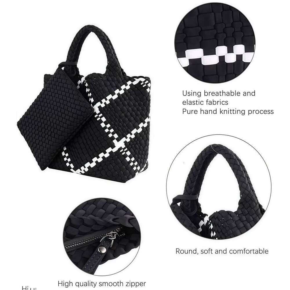 Woven for Women, Summer Beach Handbag Purse Retro Handmade Travel Shoulder Set Neoprene Weave Tote Bag