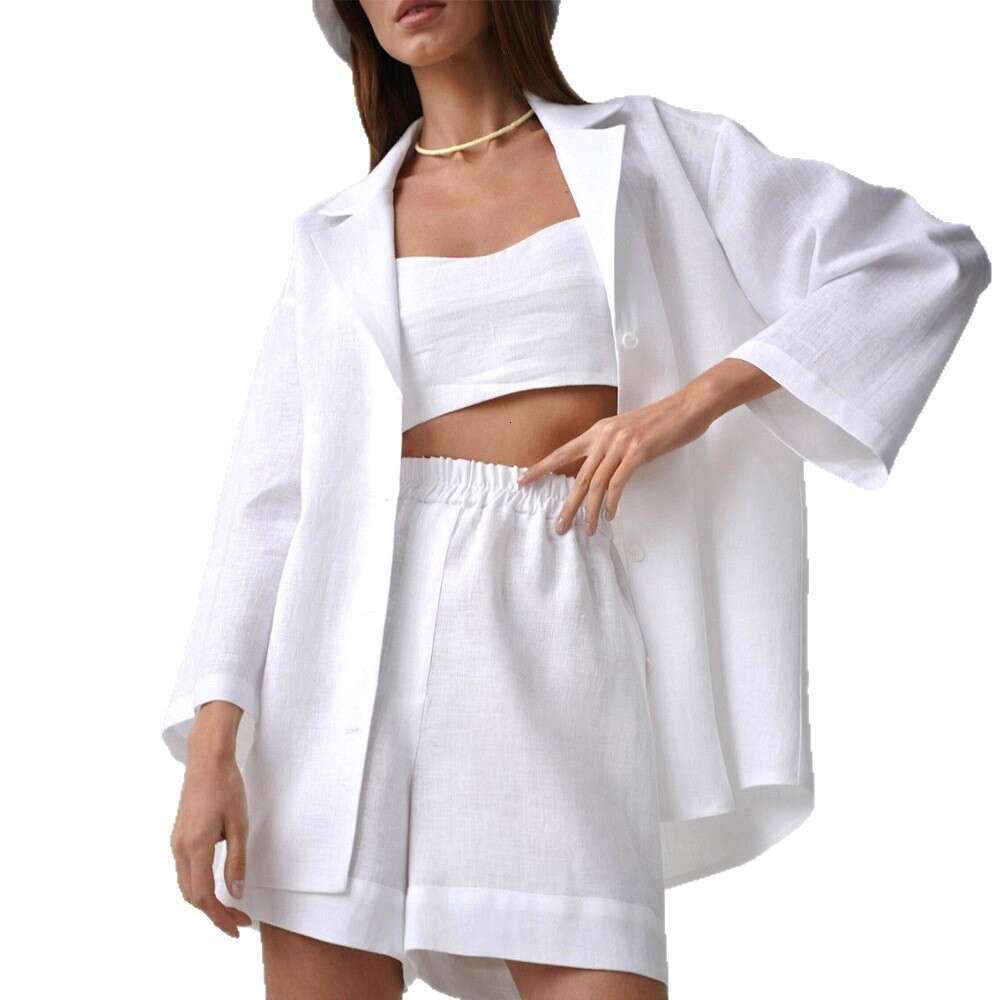 Pure Cotton Shorts For Women Summer Turn-Down Collar Loose Single-Breasted Shirt + High-Waisted Straight-Leg Pants Two-Piece Set B5