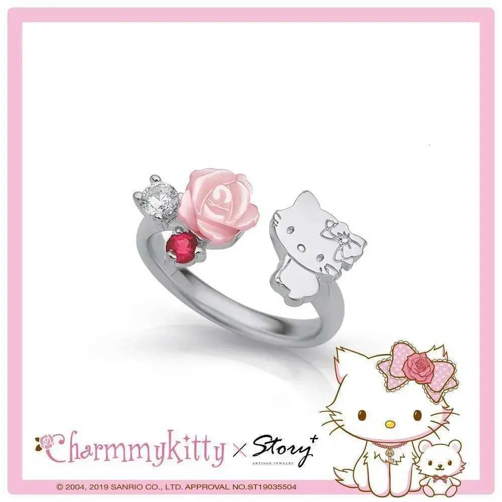 Sanrio 925 Sterling Silver Electroplated Hello Kitty Chami Kitty Rose Ring for Women Kwaii Jewelry Girls Birthday Gift w250716