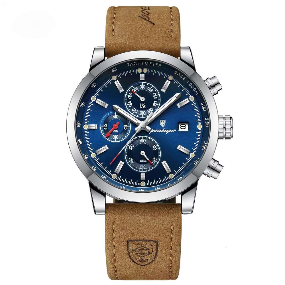 DHgargets Men's Sports Chronograph Watch - 50M Waterproof Leather Strap Quartz Wristwatch with Date & Tachymeter (Model 932)