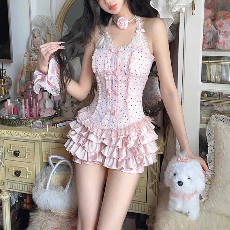 Mekst Lolita Pink 2 Piece Sets Women Outfit Japanese Kawaii Bow Lace Halter Crop Tops Summer Y2K Cute Fashion Ruffles Mini Skirt R250716