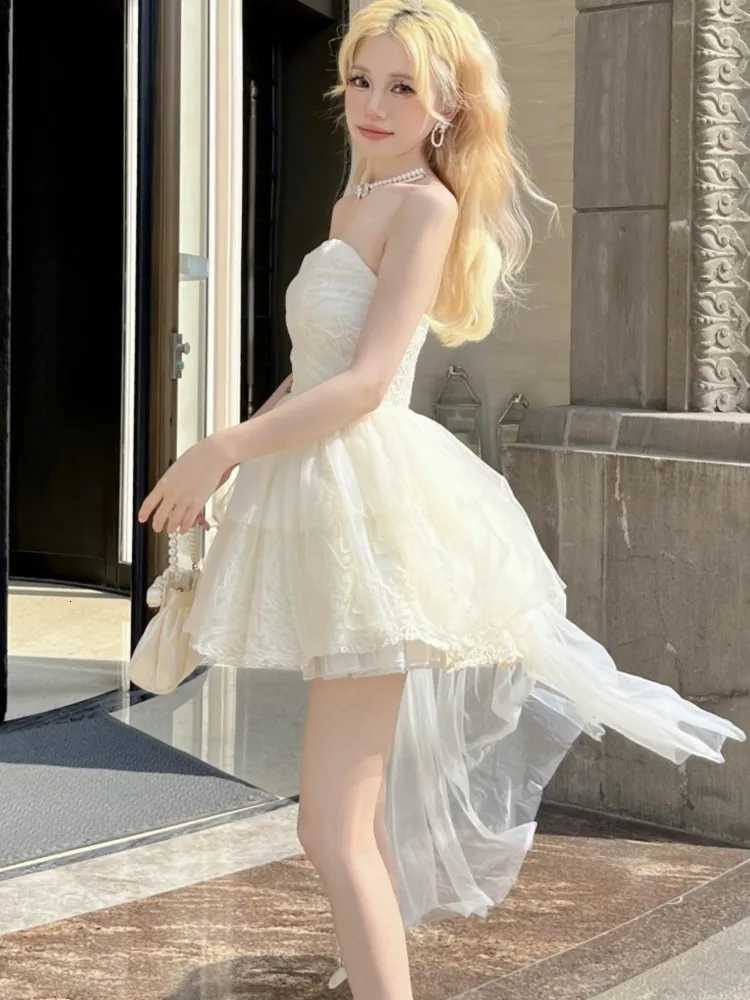 Fashion Elegant Sweet Strapless Dresses For Womens Summer New Slim Waist A-line Dress Y2k Mesh Patchwork Fairycore Vestidos R250716