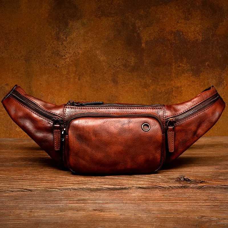Leather bag with vegetable tanned cowhide multi-functional casual waist bag vintage bag.
