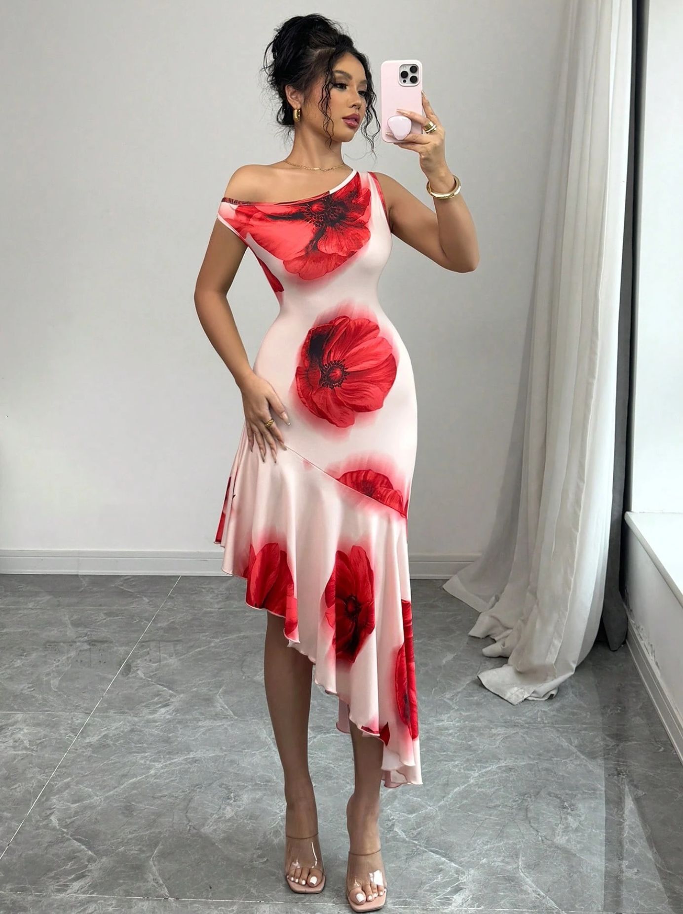 2025 Amazon Hot-Selling Elegant Asymmetric Fit Hibiscus Floral Positioning Print Dress