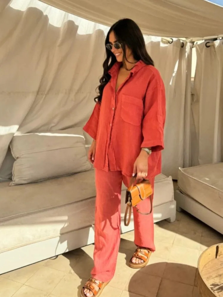 Summer Cotton Linen Lady Home Suits Casual Women Trousers Sets Lapel Single Breasted Long Sleeve Loose Top Wide Leg Pant Set 250715