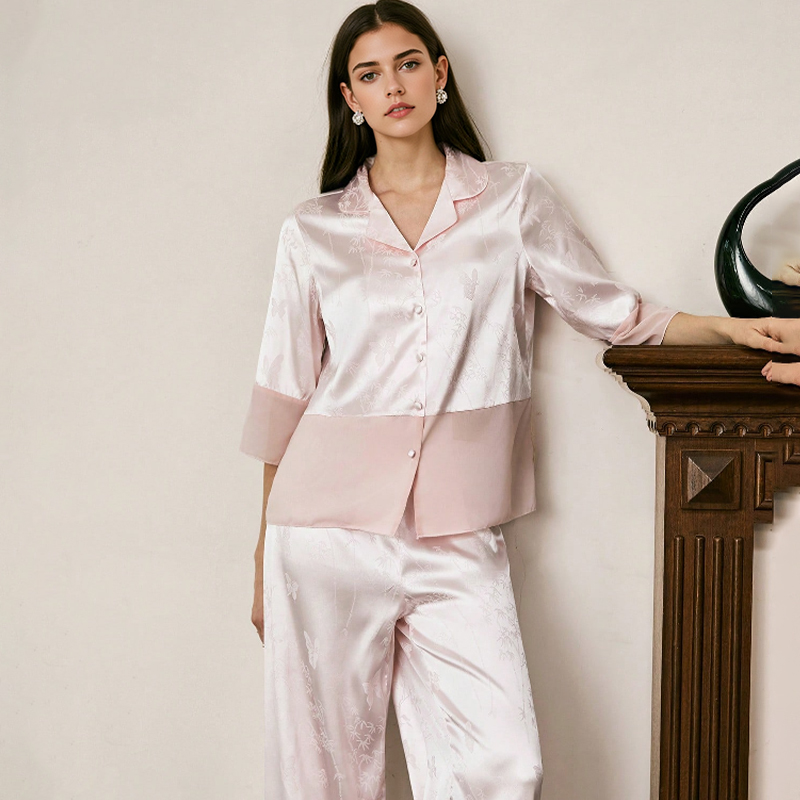 2025 New Women's Spring/Summer Silk Satin Pink Bamboo Butterfly Short-Sleeved Long Pants Pajama Set Homewear