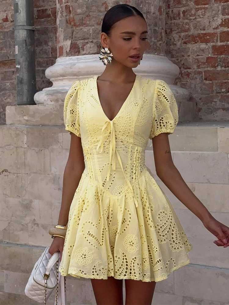 Trendix Yellow Elegant Dress Women Summer Sexy Deep V Neck Lace Up Short Sleeve Dresses Street Casual Vacation Ruffle Mini Dress R250716