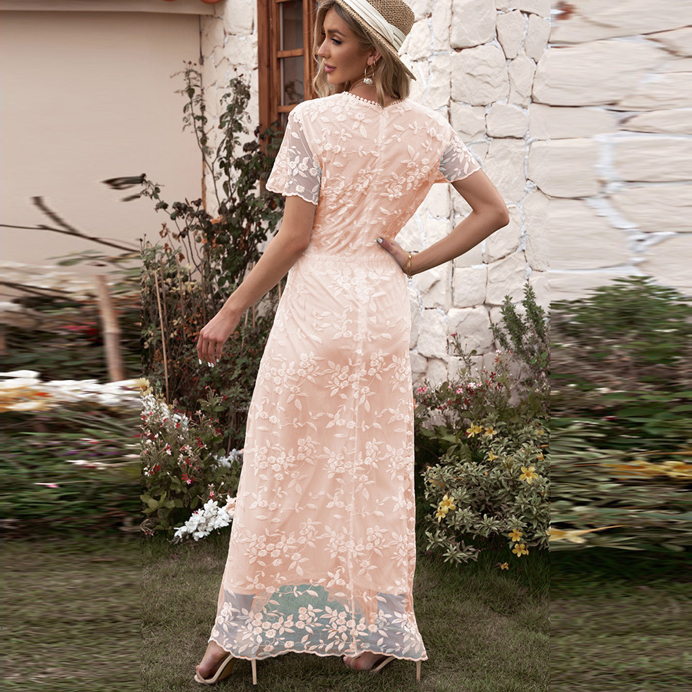 2025 Summer Lace Crochet Hollow Long Dress for Women, European and American Cross-Border Solid Color Elegant Commuter Dress, Women's Clothing Dro