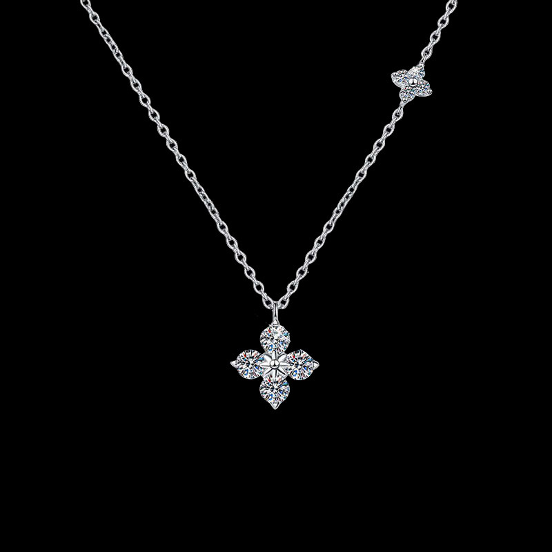 Silver - Toned Four - Petal Flower Pendant Necklace With Rhinestone Accents And Mini Flower Detail Elegant Daily And Special Occasions Gift For Her Fa