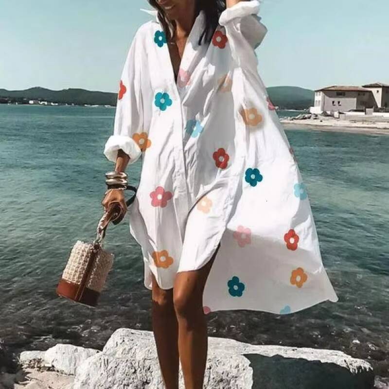 Flowers Printed Beach Shirts Dresses Women Fashion Temperament Loose Midi Shirt Dress Lady Vestidos Spring Summer Casual White dongdumaoyi