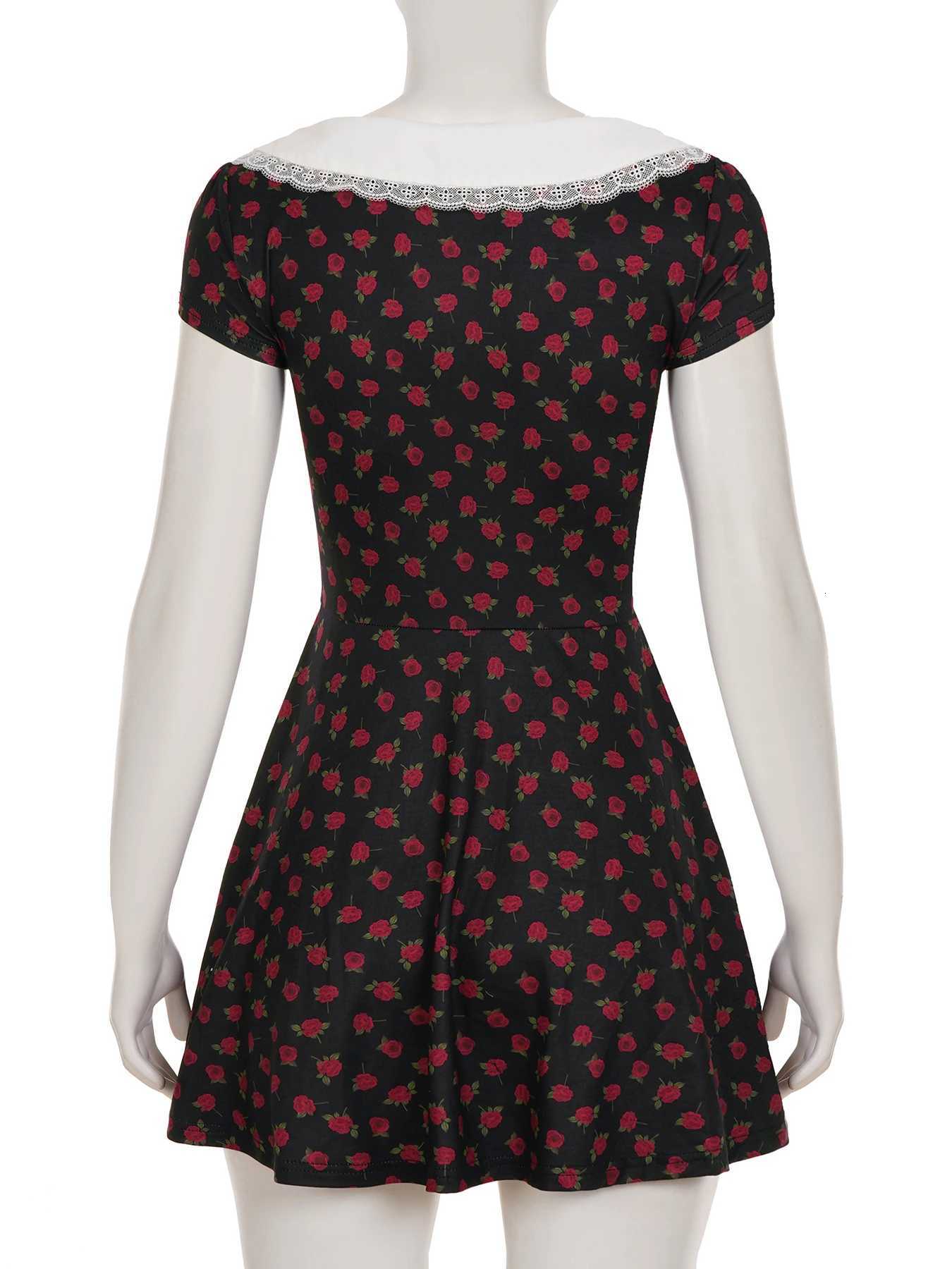 1Masure Prairie Chic Slim Lace Trim Rose Dress Sexy Sweet Deep V-Neck Turn-Down Collar Short Sleeve Mini Dresses for Women 2025 R250716
