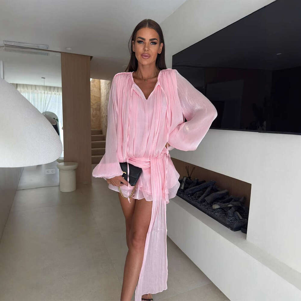 Chiffon Long Summer New Lantern Sleeve Tie Short Ruffle Dress B5
