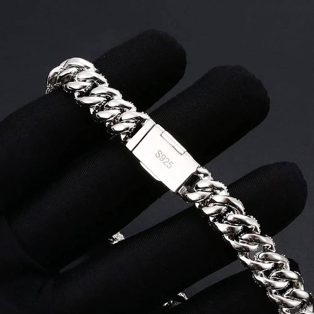 10mm Width Women Fine Jewelry Bling Iced Out 2 Rows VVS Moissanite Cuban Bracelet 925 Sterling Silver Cuban Link Chain
