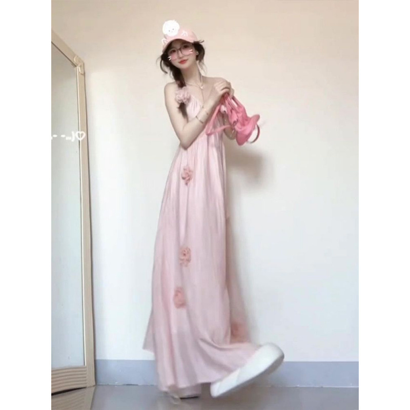 2025 Plus Size French Style Pink Floral Backless Strap Dress Summer New Stunning Slimming Long Tummy Covering