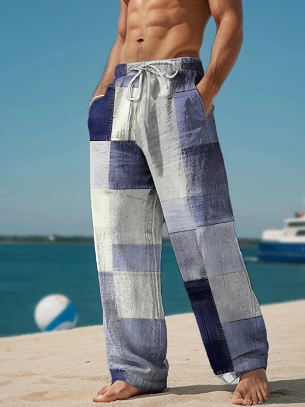 Plaid Color Block Mens Resort 3D Printed Casual Pants Trousers Elastic Waist Fit Straight-Leg Pant Summer Beach Pants 6XL 250715