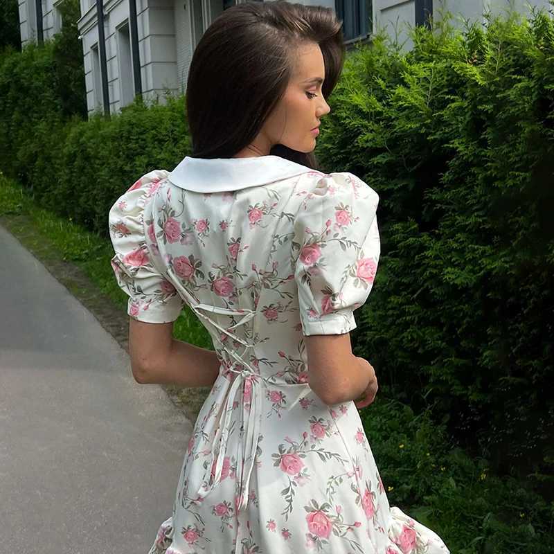 Turnova Print Puff Sleeves Ruffled Dress Womens V-Neck High Waist Pearl Buttons Mini Dress Female Casual Vacation Fashion Dress R250716