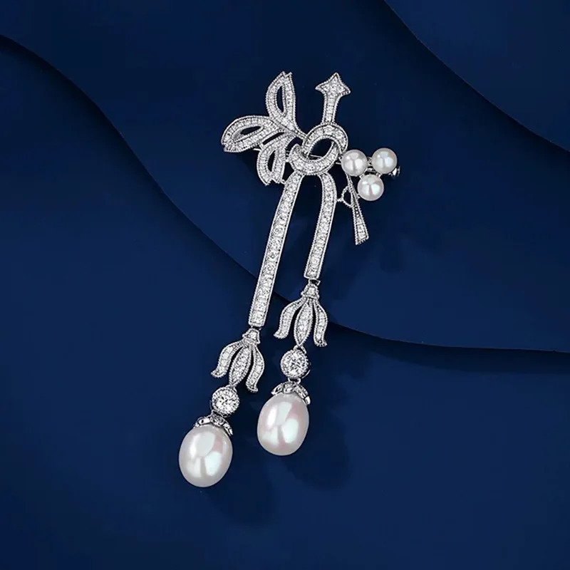 Vintage Micro-inlaid Zircon Freshwater Pearl Fringed Brooch Pins Niche Bow Broochesfor Womens Broche Decorativo De Ropa 250712