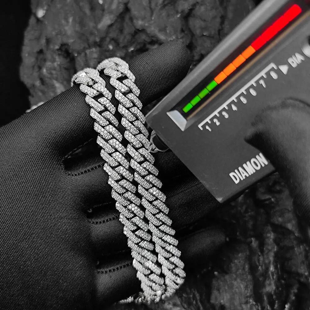 925 Sterling Silver Iced Out Cuban Bracelet VVS Moissanite Diamond Jewelry Men 10MM 2 Rows Hip Hop Rapper Cuban Link Bracelet