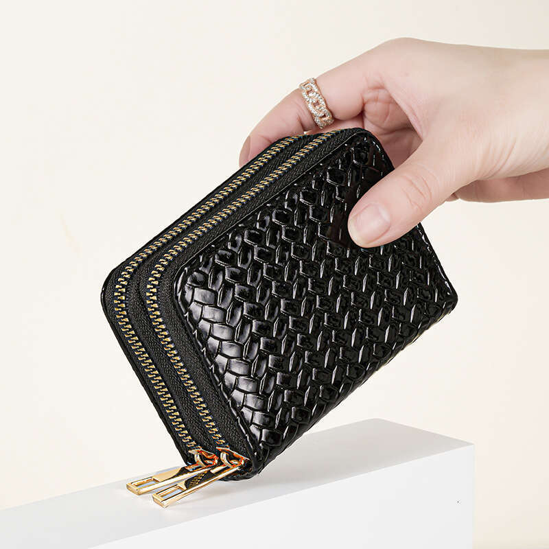 Patent Leather Wallet for Women Short Double Zipper Coin Purse with Woven Design and Accordion Card Holder
