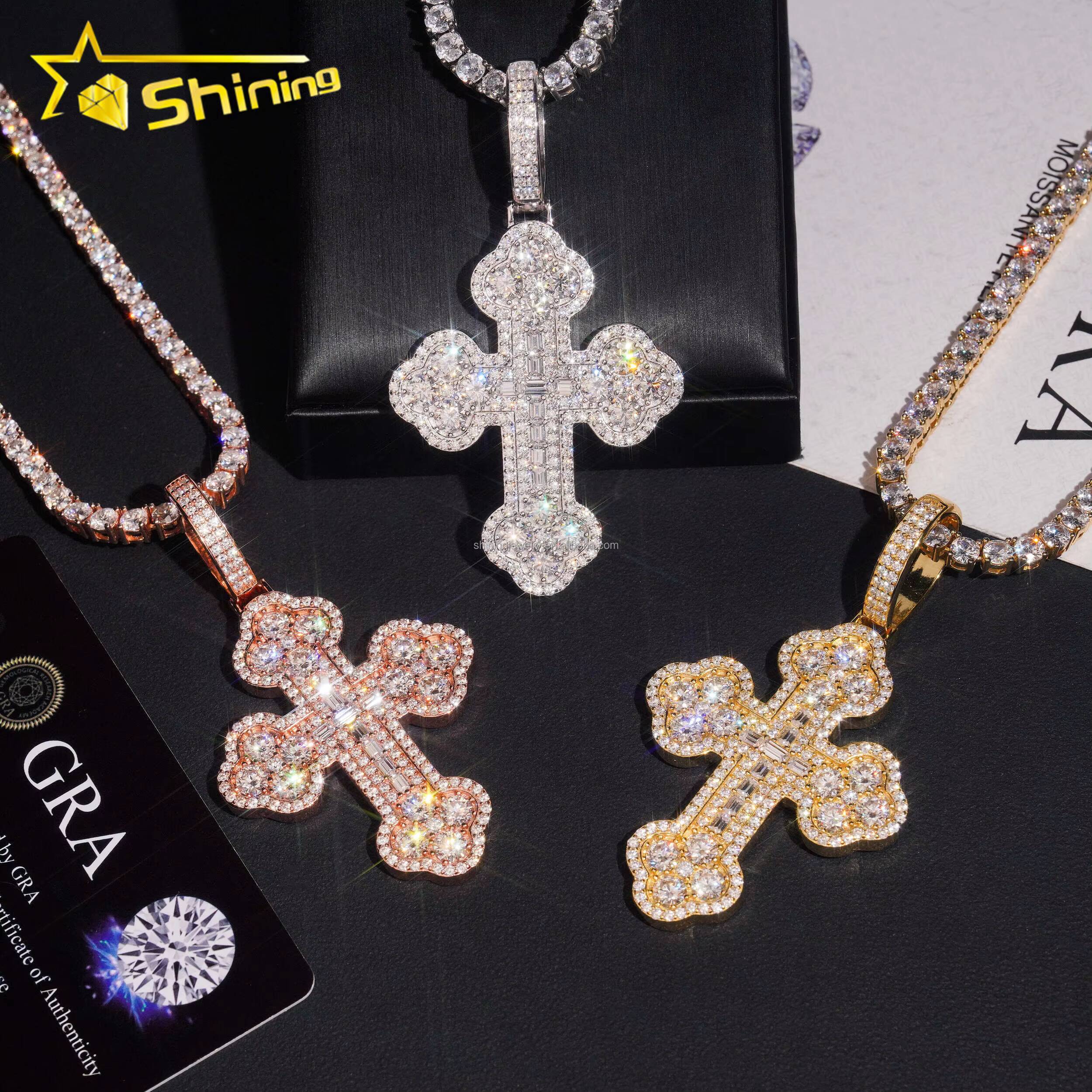 GRA Certificate New Arrivals Bulk Stock Hip Hop Stylish Man VVS1 Moissanite Baguette Diamond S925 Silver Iced Out Cross Pendant