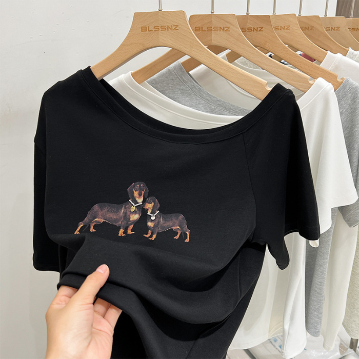 Summer New Women S T Shirt Gray Asymmetrical Short Sleeve T Shirt For Women Summer New Puppy Print Design American Style Loose Off Shoulder Top Ins Ne