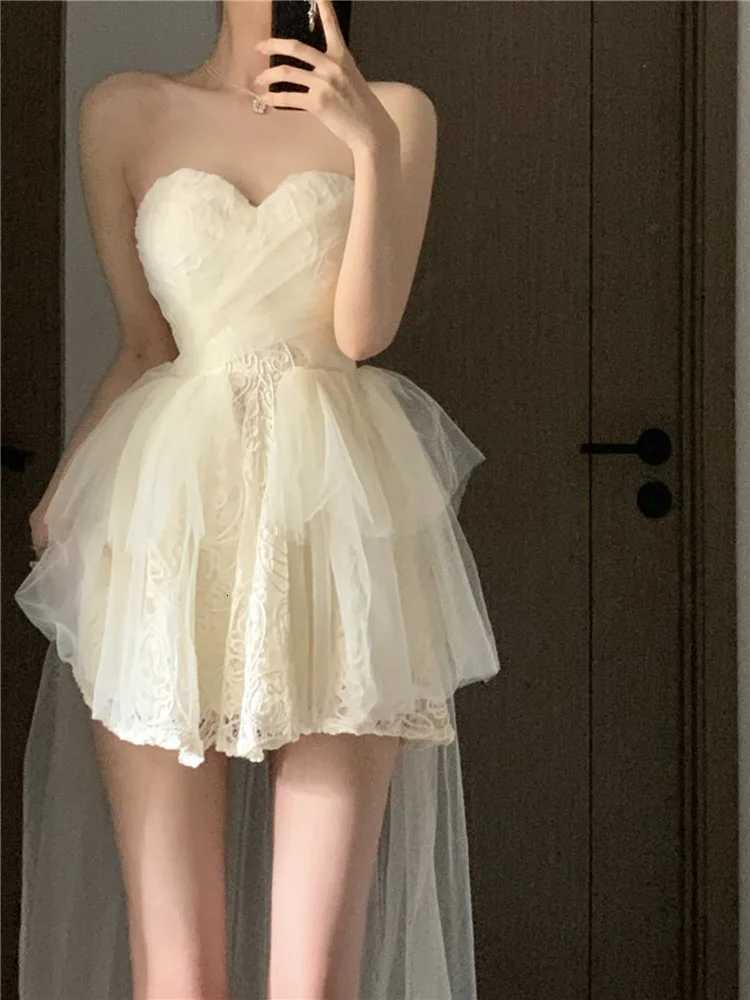 Korean Style White Party Dresses Women Mesh Lace Slash Neck Strapless Puffy Layered Mini Elegant Ladies Backless Dress R250716