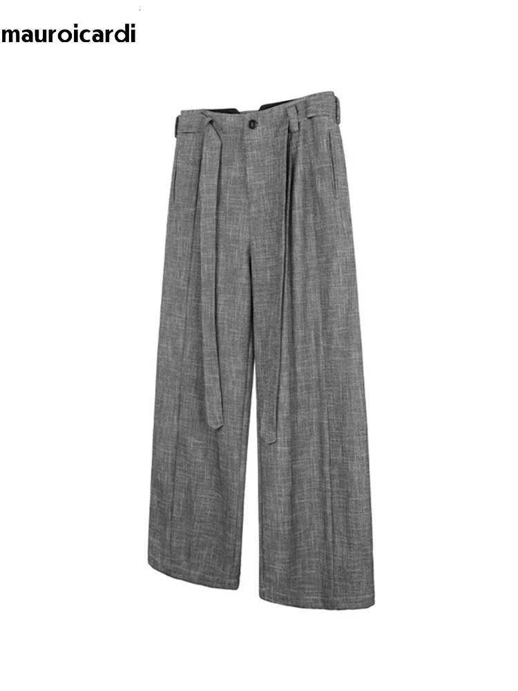 Mauroicardi Spring Long Gray Flowy Baggy Wide Leg Pants for Men Sashes Clothing Loose Casual Soft Korean Fashion Trousers 2024 y250716