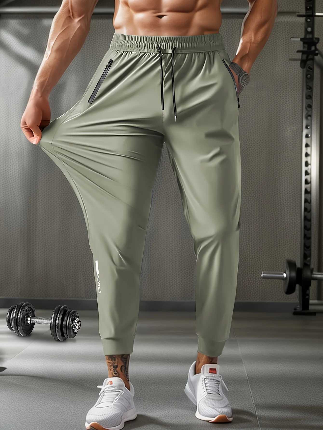 Mens Waist Drawstring Quick-drying High Elasticity Solid Color Sports Training Outdoor Long Pants With Zipper Pockets y250716