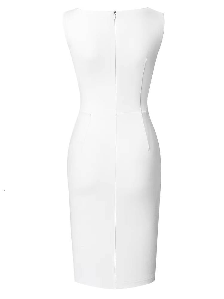 Nice-forever Summer Women Elegant Round Neck Plain Work Dresses Business Office Vintage Pencil Dress B705 dongdumaoyi