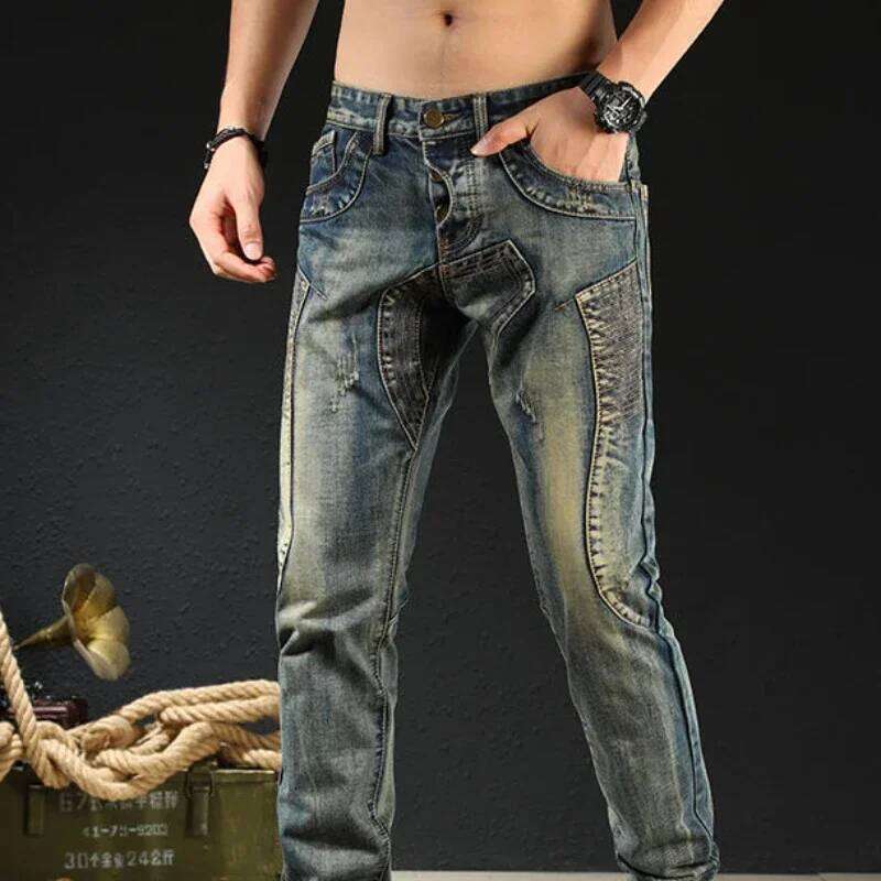 Male Cowboy Pants Skinny Low Rise Jeans For Men Motorcycle Slim Fit Trousers 90S Streetwear Straight Tight Pipe Retro Casual Xs