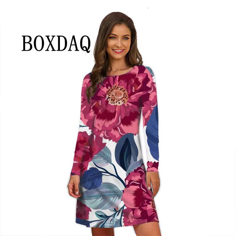 Flower Power Women Retro Hippie 60s Elegant Long Sleeve Loose Casual Fashion Oversized Autumn Woman Print Mini Dress dongdumaoyi