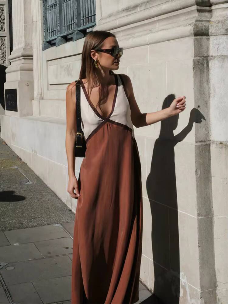 Women Fashion Patchwork V-neck Maxi 2025 Summer Casual Loose Sleeveless Sling Long Dress Female Beach Party Club Vestidos dongdumaoyi