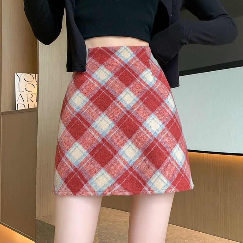 2025 Vintage Plaid Woolen Skirt for Women American Style High Waist A-Line Bodycon 2024 Autumn Winter Slimming Half Ins