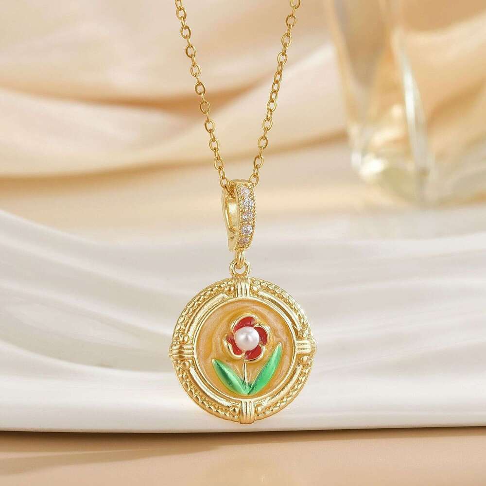 Monet Oil Painting Colorful Tulip Necklace Non-Fading Collarbone Chain Mother's Day Birthday Gift For Best Friend C0f