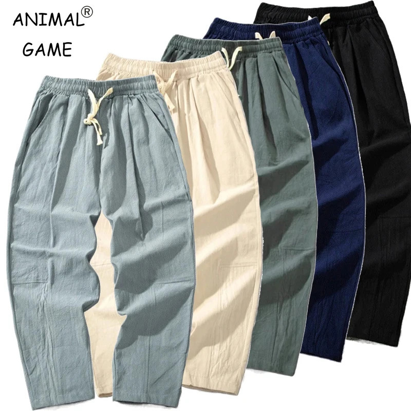 Summer Men Cotton Trousers Casual Solid Color Long Pants Breathable Drawstring Straight Streetwear Harem Pants Men Baggy Pants 250715