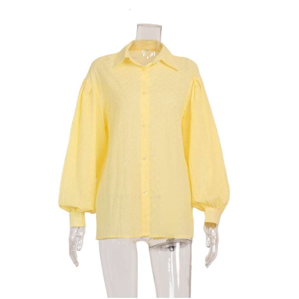 Lantern Sleeve Jacquard Shirt Spring Elegant Versatile Polo Collar Small Hollow Design Blouse B5