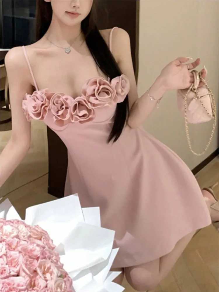 Women Summer Spaghetti Straps French Style Princess Pink Prom Gown 3D Flowers A-line Mini Party Dresses Lovely Tutu Dress R250716