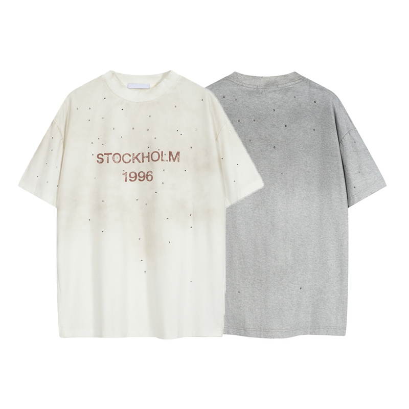 Premium Quality Distressed Letter T-Shirt Trendy Oversized Top Tee with Crystal Rhinestone Details for Men Women 25fw 0716