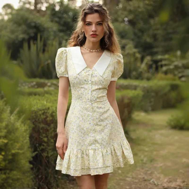Tornova Fashion Print Ruffled Womens Dress V-Neck High Waist Slim Pearl Buttons Summer Dress Female Casual Vacation Mini Dress R250716